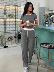 Casual Street Style Ribbed Contrast Color Round Neck Short Sleeve Top And Pants 2 Pieces Set Summer Elegant - Grey - View 4