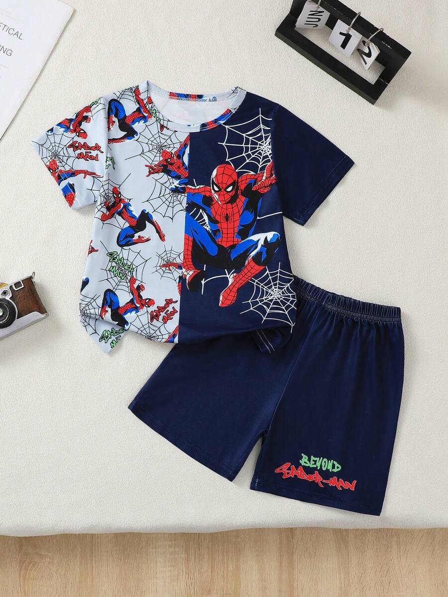 Marvel 漫威授权，男童两件套——短袖圆领上衣和短裤，蜘蛛侠印花，夏季休闲装，时尚俏皮，透气面料，两件套，儿童短裤套装，男童服装 - 黑色 - 查看 1