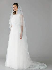 1件装双层柔软薄纱新娘头纱，白色和象牙色长款带腮红头纱 - 彩色 - 查看 11