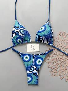 2pcs Casual Cute Elegant Sexy Bohemian Floral Tie-Up Braided Bikini Swimwear, Beach Vacation, Spring/Summer - Blue - View 2