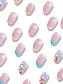 24pcs Pink Short Round Disposable False Nails With Colorful Floral Pattern, Suitable For Women In Spring - Multicolor - View 2