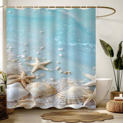 1pc Ocean Elements Shower Curtain, Starfish, Seaside, Made Of Polyester, Waterproof, Non-Shading, Suitable For Home And Bathroom Decor, Comes With 12 Hooks