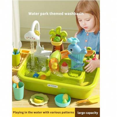 Juguete de lavavajillas eléctrico para niños, fregadero de cocina de juguete, juguete de pesca de piscina de agua, juguete de lavavajillas de cocina para niños y niñas (accesorios de color aleatorio)