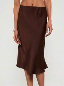 女士高腰缎面中长裙，优雅休闲，四季皆宜 - 棕色 - 查看 4