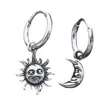 Creative Sun And Moon Pendant Earrings For Women, Asymmetrical Distressed Face Earrings - 銀色 - 查看 4