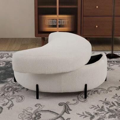 Crescent Suede Teddy Storage Stool With Tray, Can Be Used As A Side Table, Padded Seat, Toilet Shoe Stool And Footrest For The Living Room, Bedroom And Hallway, Ivory