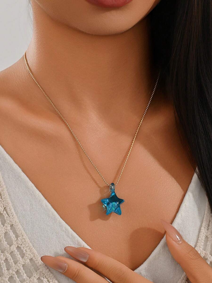 1pc Dreamy Blue Starfish Pendant Necklace, Stainless Steel Gold Chain, Vacation Date Valentine's Day Gift Accessory - Star - View 1