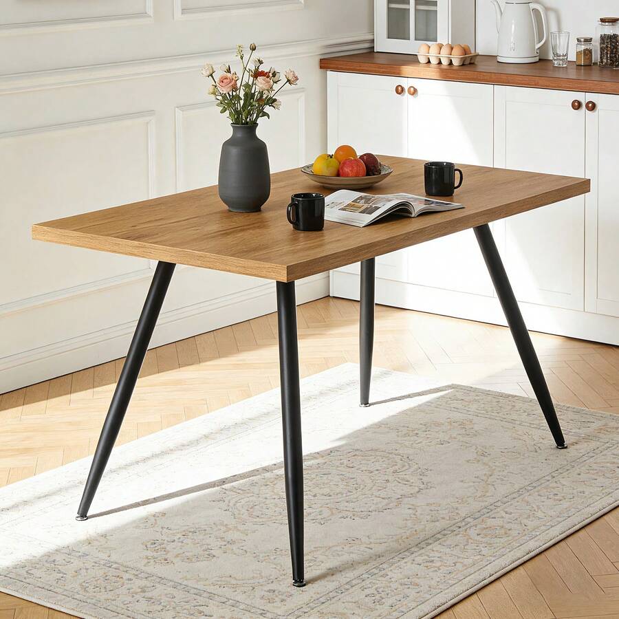 AINPECCA Dining Table With Black Metal Legs Kitchen Table (Marble Effect Top, 120 * 70cm) - Oak - View 1