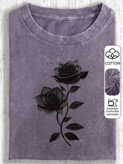 大码女式休闲玫瑰藤蔓印花圆领短袖T恤，适合春季、夏季、秋季、情人节、返校季穿着。