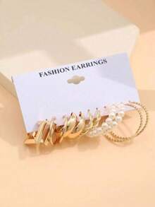 6对简约优雅C形仿珍珠金属耳环，时尚金色首饰 - 彩色 - 查看 2
