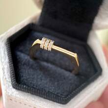 极简主义金色立方氧化锆女士方形戒指，金色平顶条形戒指，小巧矩形印章戒指，日常派对珠宝礼品 - 金色 - 查看 2