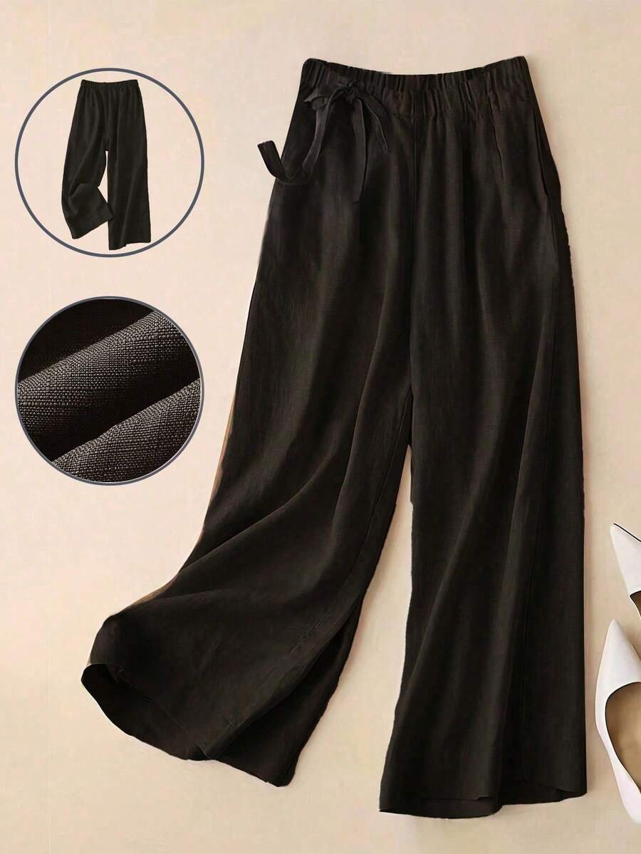 Pantalones anchos de mujer con cintura elástica, fruncidos, casuales, sueltos, de unicolor, con bolsillos, color negro - Negro - Ver 1