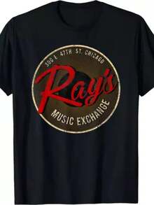 Camiseta Gráfica Vintage Ray Music Exchange de los 80 de Chicago - 220g, Cuello Redondo, Manga Corta. Impresión retro de una sola cara. Estilo bohemio de corte holgado. Negro con rojo; letras doradas. Ropa casual para hombre para todas las estaciones. Ropa de ocio. Cuello redondo clásico. Calidad de impresión duradera - Negro - Ver 1