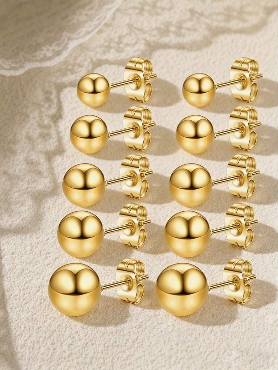 10pcs/Set Minimalist 18K Gold Plated Round Bead Design Earrings, Includes Ear Plugs, Unisex, Suitable For DIY, Daily Wear, Beach, Bathing, Sleeping And Leisure - DIY Minimalist Spherical Earrings - View 1