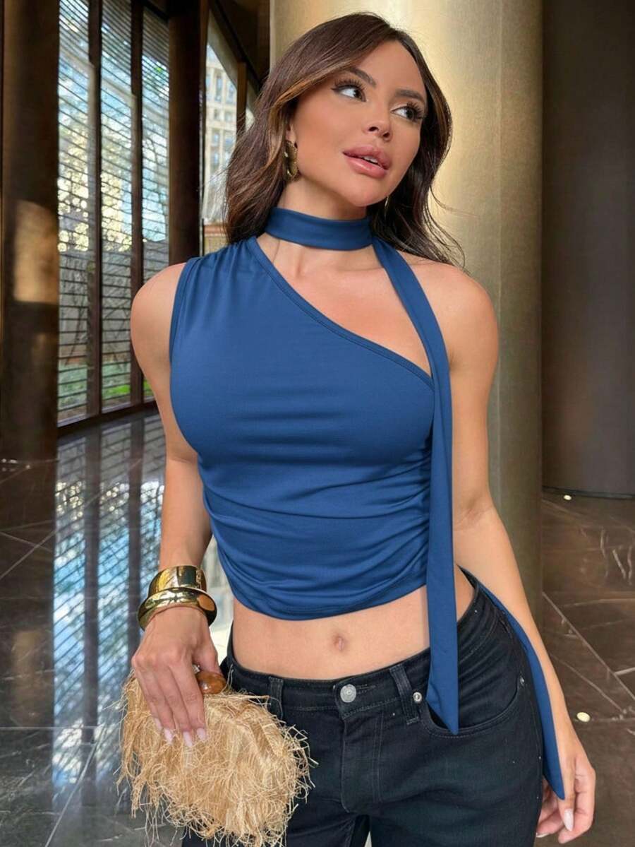 Summer Cropped Blouse In Suplex Fabric With Removable Ribbon - 比克藍 - 查看 1
