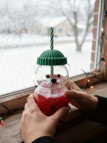 1 Stück Mini Bär geformter Glas Becher, Honig Bär Strohhalm Becher mit grünem Deckel, transparenter süßer Bär Flasche, geeignet für Zuhause & Büro, Weihnachtsgeschenk, Lese Becher, Urlaubsgeschenk, interessantes Trinkgeschirr, haltbares Glasprodukt - Verschiedenfarbig - Übersicht 2