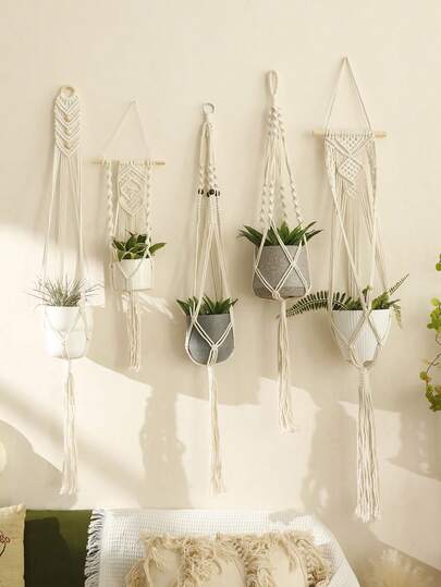 1件米色纯色手工编织装饰悬挂式植物架，波西米亚农舍风格，菱形图案，圆形置物架，带绳结流苏和木珠细节，灵感源自手工编织，垂直节省空间，适用于客厅、卧室、阳台、露台、花园、公寓、宿舍、门廊等家居装饰（不含花盆）