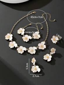 1 Set Vintage Elegant Palace Style White Enamel Asymmetrical Flower Pendant Necklace, 1 Pair Earrings, 1 Ring, 1 Bracelet, Charming Jewelry Set Suitable For Women's Holidays, Parties And Daily Wear - White - View 6