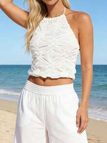 Tops de mujer con cuello halter, sin mangas, con espalda descubierta, corte ajustado, estilo camisola texturizada, para verano. - Blanco - Ver 2