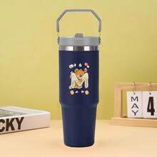 30盎司不锈钢保温水杯，带提手，双层壁防漏，适用于大多数杯架，带盖和吸管，适合健身房、家庭、办公室和旅行，A-Z字母熊图案 - 藏蓝色 - 查看 9