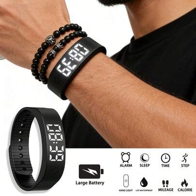 1个男士硅胶多功能智能手环，配1套时尚狮冠串珠手链，夜光显示，12小时制计时功能（时、分、秒、日期、月、周），双闹钟及整点报时，计步器，卡路里消耗，超长续航，适合日常佩戴、节日庆典、送礼，60mAh电池