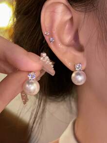 High Quality Handmade Earrings, Button Pearl Earrings, 925 Sterling Silver Plated Columnar Earrings With Cubic Zirconia, Hypoallergenic Pearl Earrings, Bridal Wedding, Birthday Gift For Women - Silver - View 2