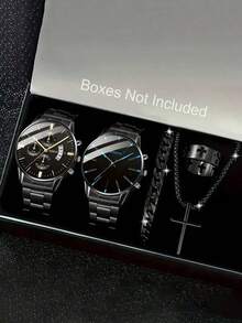 5件套简约休闲男士石英表套装，黑色圆形表盘搭配时尚黑色金属表带，配以时尚手链、项链和戒指，多表盘数字设计，佩戴舒适，是馈赠佳品，适合日常商务通勤。 - 黑色 - 查看 1