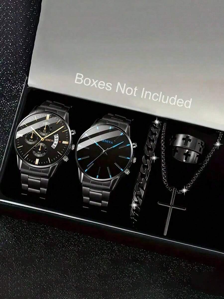 5件套简约休闲男士石英表套装，黑色圆形表盘搭配时尚黑色金属表带，配以时尚手链、项链和戒指，多表盘数字设计，佩戴舒适，是馈赠佳品，适合日常商务通勤。 - 黑色 - 查看 1