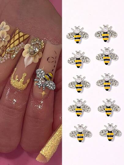 10个蜜蜂美甲饰品，镶嵌水钻和珍珠，蜜蜂美甲配件，女士和女孩美甲用品，美甲饰品，美甲用品