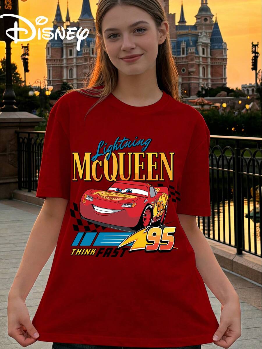 Disney Racing: Lightning McQueen Printed Loose Short Sleeve T-Shirt Women's Casual Top - Đỏ - Xem 1