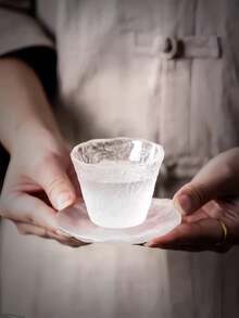 1pc Premium Glass Tea Cup & Saucer Set, Japanese Mushroom-Shaped Cup For Gongfu Tea, Personal Tea Cup With Transparent Frosted Mist Design - Multicolor - View 3