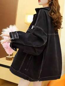 女士宽松落肩牛仔外套，带口袋，春秋季休闲黑色 - 黑色 - 查看 5