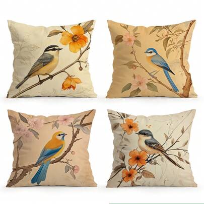 4pcs Vintage Floral & Bird Pattern Pillow Covers, Single-Sided Printed Cushion Covers, Suitable For Living Room, Bedroom, Home Decor, All Seasons