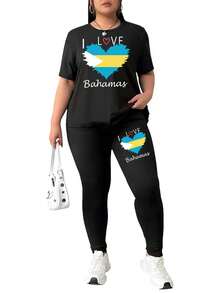I Love Bahamas Flag And Heart Symbol Plus Size Two Piece Outfits For Women Sweatsuits Jogger Sets Casual Shorts Tracksuit Sets - Black - View 1