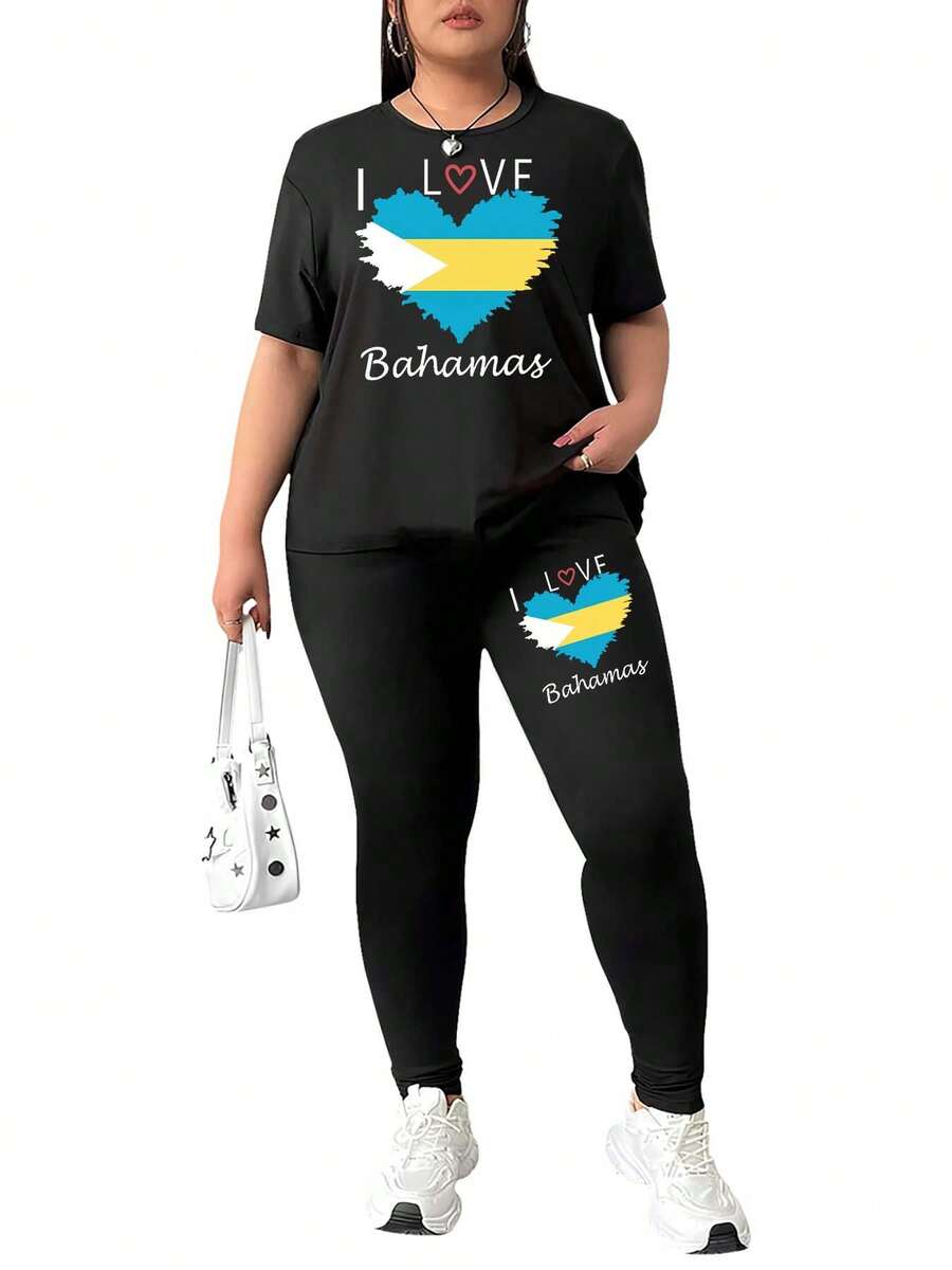 I Love Bahamas Flag And Heart Symbol Plus Size Two Piece Outfits For Women Sweatsuits Jogger Sets Casual Shorts Tracksuit Sets - Black - View 1