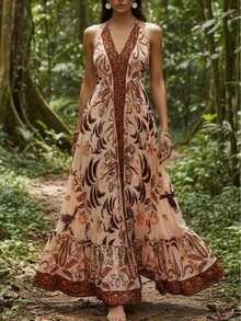 Boho Floral Print Halter Maxi Dress Women - Deep V Neck Casual Summer Vacation Long Dress For Beach Vacation - 橘色 - 查看 2