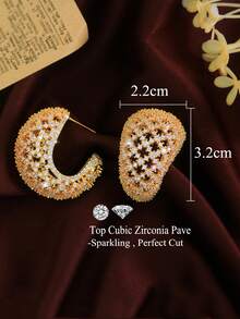 一对闪亮立方氧化锆镶嵌镂空半圆耳环，镀金/镀银立方氧化锆水滴耳环，女士派对/婚礼/订婚/宴会/选美比赛珠宝礼品 - 1 pair earrings - 查看 7