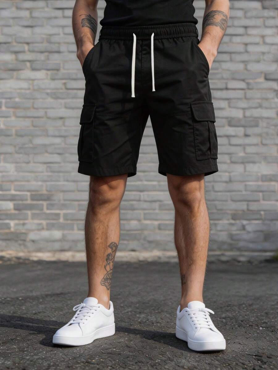 Men's Cargo Shorts Elastic Waist Comfort Fit, Multi-Pocket Utility Design, Suitable For Hiking Camping Climbing Travel Daily Sports For Men - 黑色 - 查看 1