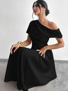 Women Off-The-Shoulder, Short-Sleeved, Pleated, Long, Shimmering Crepe Dress., 31119 - Black - View 2