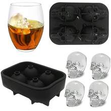 4/6/10孔3D骷髅头硅胶冰格，柔韧硅胶冷冻模具，可重复使用威士忌冰块模具，可爱骷髅头冰块，适用于冰镇鸡尾酒、香槟、果汁和饮料，烘焙巧克力树脂骷髅头模具，理想的派对礼物酒吧饮品冰块制作器 - 黑色 - 查看 3
