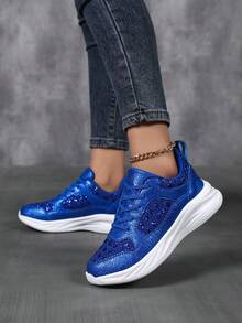1 Pair Women's Thick Sole Casual Sneakers, Glitter Walking Shoes Platform Shoes, Blue - Blue - View 2