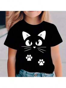 Girls' 100% Cotton Short-Sleeved Casual T-Shirt With Cat Print - Versatile Summer Fashion - màu đen - Xem 2