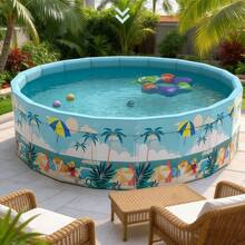 Tropical Style Family Round Swimming Pool - PVC Material, No Inflation Required, Foldable, Easy Storage, Ideal For Backyard Gatherings And Indoor Play, Blue Palm Tree Pattern, Leisure Pool | Summer Vibe Pool | PVC Pool, Pool Floats - C - View 4