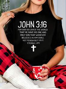 John 316 For God So Loved The World Christian Bible Verse T Shirt With Cross Print Women's Casual Loose Fit Top Religious Faith Apparel - 黑色 - 查看 1