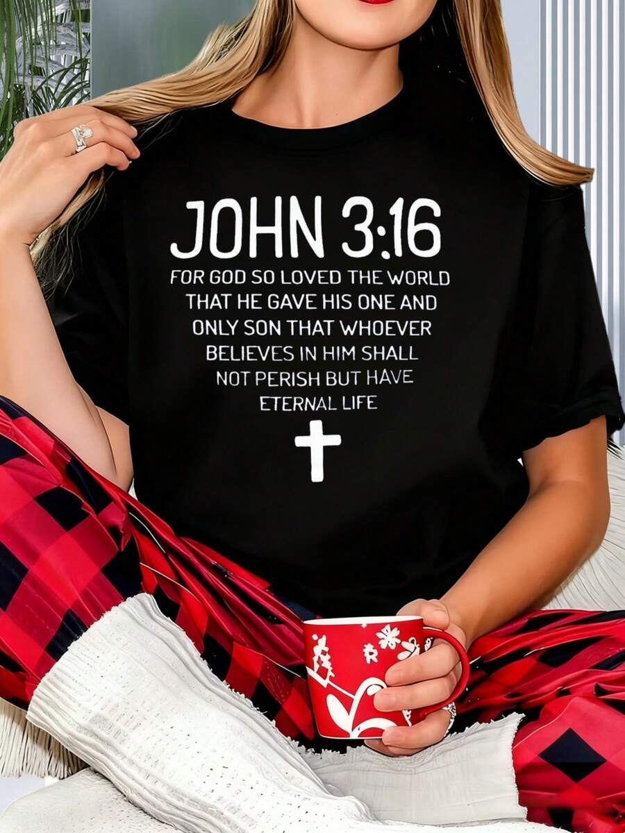John 316 For God So Loved The World Christian Bible Verse T Shirt With Cross Print Women's Casual Loose Fit Top Religious Faith Apparel - 黑色 - 查看 1