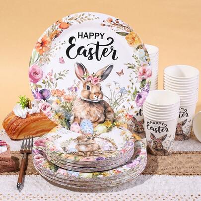 10pcs/20pcs/30pcs/60pcs/Set,Easter Party Decorations Tableware,Easter Plates And Cups Disposable Bunny Easter Paper Plates And Cup, Spring Floral Rabbit Disposable Tableware With Plates Cups For Spring Easter Party Supplies, Babe Shower Birthday Party Decor