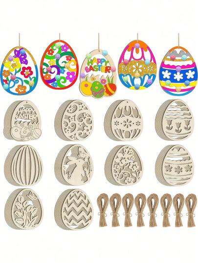 60 piezas de adornos de huevos y conejos de Pascua de madera, huevos de Pascua de madera en blanco para manualidades DIY, incluye 30 cuerdas y 30 piezas de madera, adecuado para creación artística, decoración tradicional de Pascua, colgantes o adornos navideños