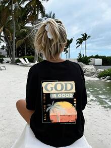 1pc Coconut Tree & Sunset Graphic Tween Girls Short Sleeve Pullover T-Shirt, Suitable For Young Teenage Girls, Youth Casual Clothing - Black - View 3