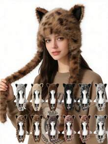 Cute Animal Leopard Print Plush Ear Warmer Hat, Cat Ear Design, Warm Outdoor Winter Party Cosplay Prop - A - View 1