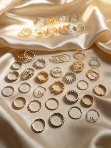 Conjunto de anillos con diseño geométrico de flor y hoja de perla para mujeres - Multicolor - Ver 4